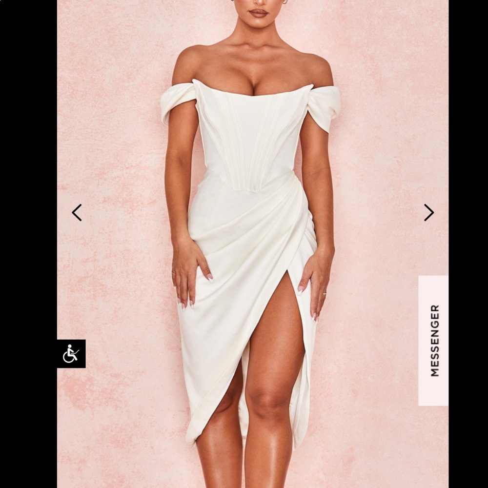LORETTA IVORY SATIN OFF SHOULDER DRESS